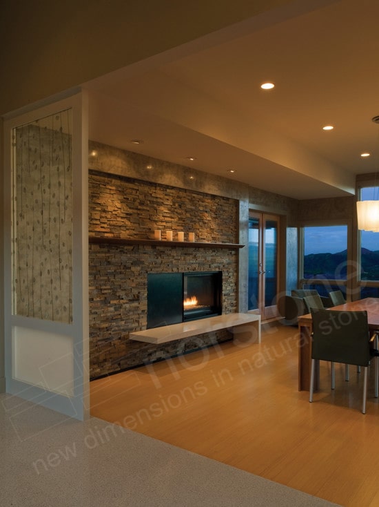 Norstone Ochre Rock Panels used on a natural stone veneer fireplace with cantilevered hearth